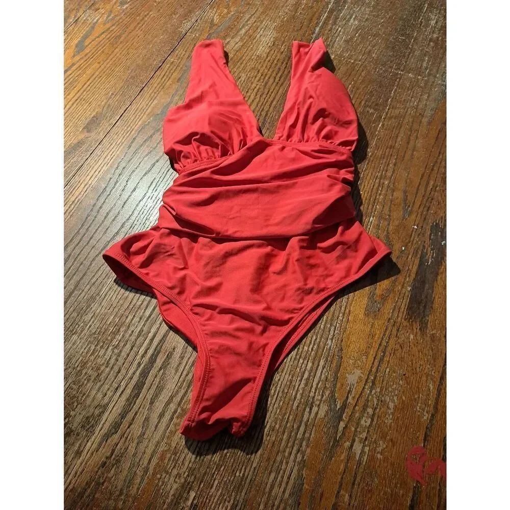 Women’s Red One Piece Swimsuit XXL Deep V Ruched Crisscross Back Bathing Suit